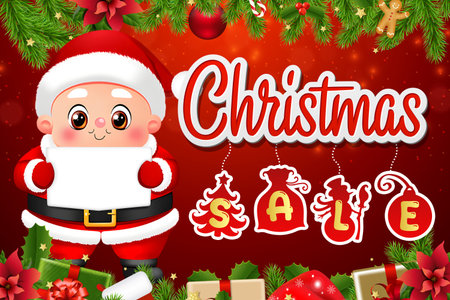 Cheerful Christmas sale design with cartoon Santa, ornaments, gifts, and garlands. Perfect for festive ads and holiday marketing.の写真素材