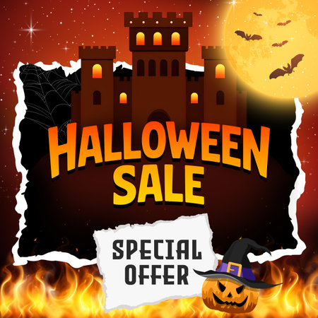 Castle with glowing windows, orange âHalloween Saleâ text, flames, and witch hat pumpkin. Great for seasonal promotions and retail ads.の写真素材