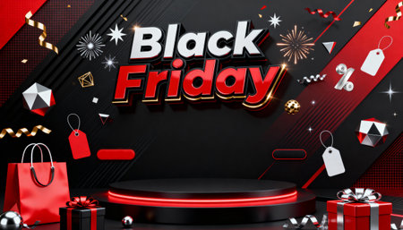 Bold red and black promo with discount icons and bags. Perfect for retail ads, e-commerce, seasonal offers, and holiday sales.の素材