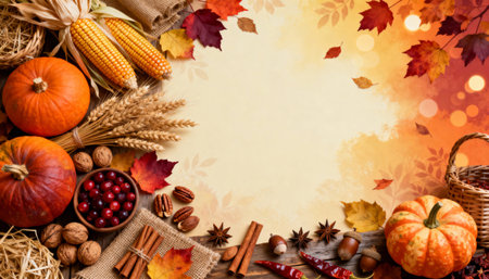 Rustic fall setup with pumpkins, wheat, and leaves. Perfect for harvest decoration, Thanksgiving ads, and seasonal promotions.の素材