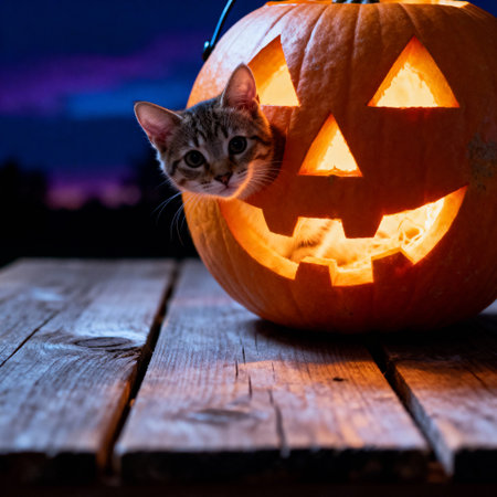 Cute kitten peeks from glowing pumpkin on twilight night. Great for Halloween cards, autumn decoration, and festive marketing.の素材
