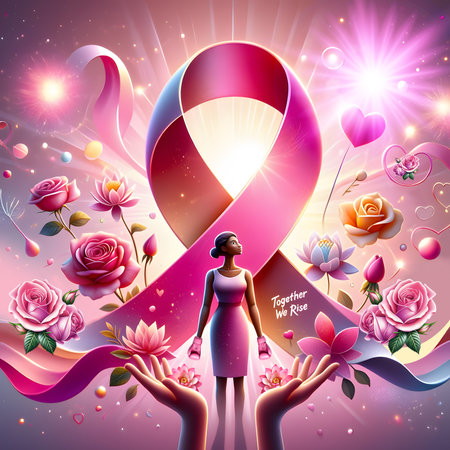 Confident woman with glowing pink ribbon, flowers, and helping hands. Perfect for awareness, healthcare, and motivational designs.の素材