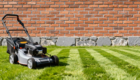 Lawn mower on neat striped grass. Ideal for lawn care, landscaping, gardening services, and outdoor maintenance promotions.の素材