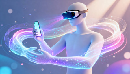 3D futuristic figure wearing VR headset embraced by glowing digital hands around a smartphone, symbolizing virtual connection and care. Perfect for innovation concepts.の素材