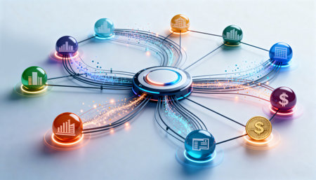 Futuristic visualization of an interconnected glowing network linking finance, real estate, and business sectors. Perfect for technology, finance, and business connectivity.の素材