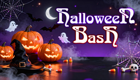 Festive Halloween celebration featuring glowing carved pumpkins, witch hat, candy corn, ghosts, bats, and spider webs. Perfect for holiday marketing.の素材