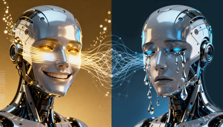 Dual-sided robotic face displaying opposing emotions with digital displays and tears. Perfect for AI emotion, duality, and technology concepts.の素材