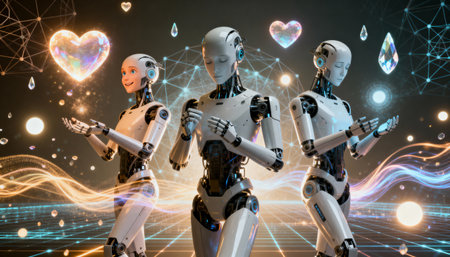 Robots in various stages of emotional expression and discovery symbolizing connection and technology. Perfect for innovation and tech presentations.の素材