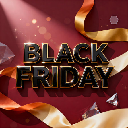 Luxurious Black Friday sale banner with bold 3D lettering, golden ribbons, and sparkling lights. Perfect for retail promotions and shopping campaigns.の素材
