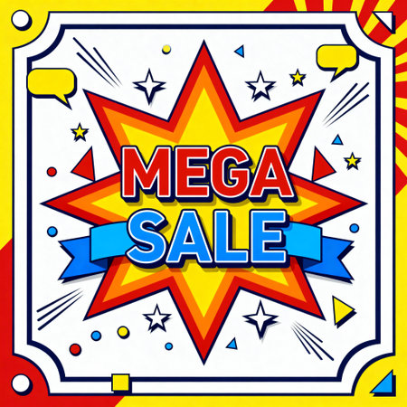 Bold mega sale text with comic book style star burst design on yellow background, ideal for retail promotion, discount and shopping advertisements.の素材