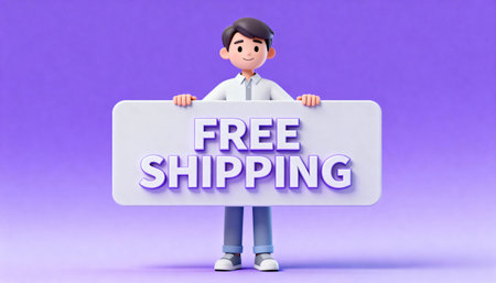 Cheerful character holding free shipping sign against purple background, ideal for e-commerce, online shopping, delivery service promotional content.の素材