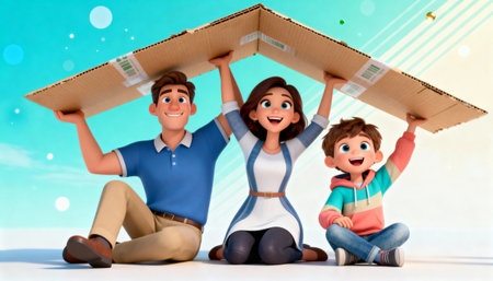Happy family holding cardboard box together against turquoise background, perfect for moving, relocation, and home service concepts.の素材