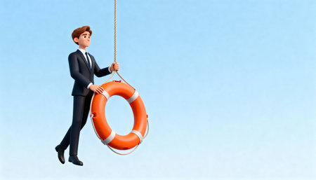 Business professional in suit holding orange life preserver on rope against blue background, perfect for financial safety, support and rescue concepts.の素材