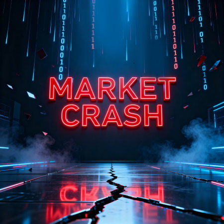 Digital market crash concept with neon lights and binary code representing financial crisis. Perfect for economic downturn, trading, and risk concepts.の素材