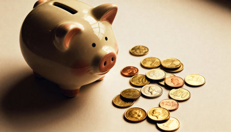 Cute ceramic piggy bank beside coins, representing smart saving habits and financial growth. Perfect for budgeting tips, investment advice, or personal finance illustrations.の素材