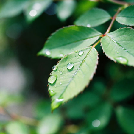 Close-up of vibrant green leaves adorned with fresh morning dew droplets. Perfect for wellness blogs, eco-friendly designs, or refreshing backgrounds.の素材