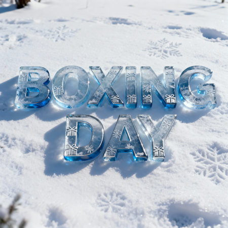 Festive "BOXING DAY" text made of ice letters on snowy ground, perfect for holiday promotions, winter sales, and Christmas advertising campaigns.の素材