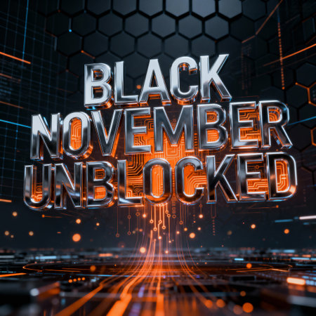 Futuristic "BLACK NOVEMBER UNBLOCKED" digital text with glowing circuits, ideal for tech events, cyber sales, and modern promotional campaigns.の素材