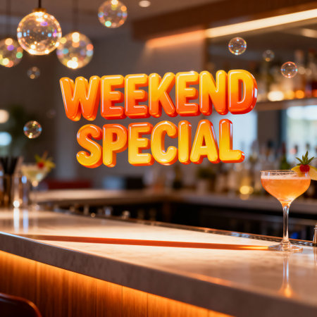Colorful "WEEKEND SPECIAL" sign at a lively bar, ideal for weekend promotions, restaurant deals, and nightlife advertising campaigns.の素材