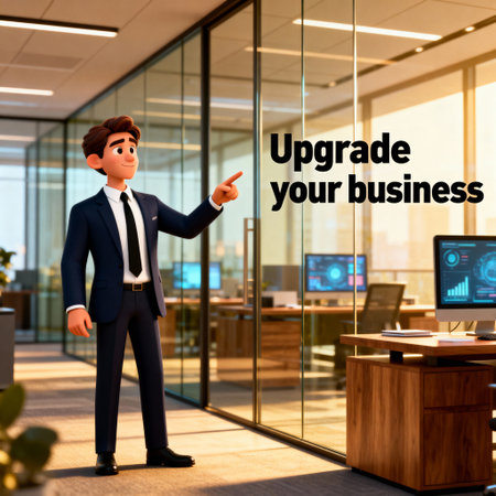 A man points to the words âUpgrade Your Businessâ in a modern office, symbolizing growth, success, and development. Ideal for business, marketing, and corporate presentations.の素材