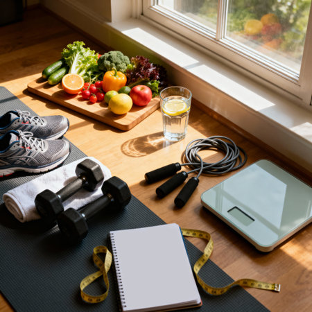 A vibrant fitness setup with dumbbells, fresh fruits, and a scale, representing a healthy lifestyle and workout routine. Perfect for wellness, fitness, and nutrition blogs.の素材