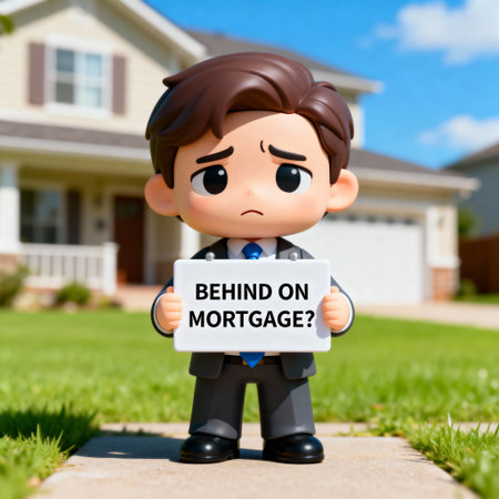 A man in a suit holds a Behind on Mortgage? sign in front of a house, symbolizing financial struggles and mortgage stress. Perfect for finance, real estate, and economic articles.の素材