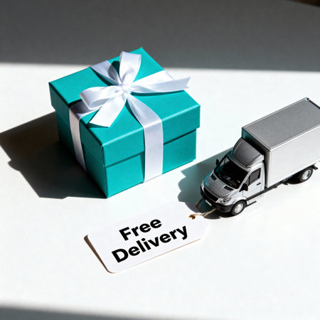A luxury turquoise gift box with a white ribbon sits beside a miniature delivery truck and a "Free Delivery" tag, ideal for promoting shipping offers and special gifts.の素材