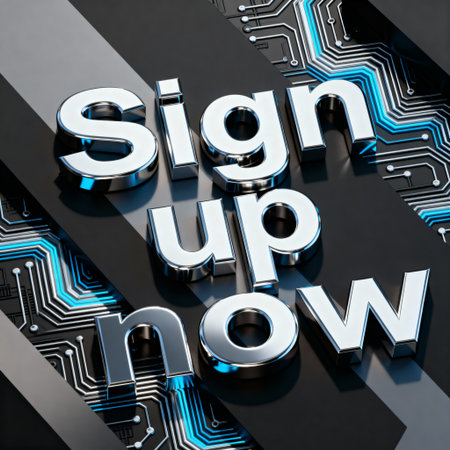Bold metallic "SIGN UP NOW" letters on a high-tech circuit board background, conveying urgency for digital registration. Perfect for tech and SaaS landing pages.の素材
