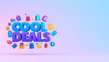 Vibrant "Cool Deals" text surrounded by shopping bags and price tags, perfect for promoting sales, discounts, and special offers in advertising and social media.の素材