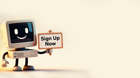A friendly retro computer robot smiles while holding a "Sign Up Now" sign, perfect for digital marketing, website CTAs, and promoting user registration.の素材
