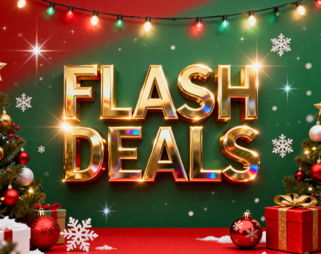 Shiny golden "Flash Deals" text on a festive Christmas background with ornaments and lights. Perfect for urgent sales, limited-time offers, and holiday marketing campaigns.の素材