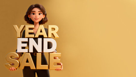 Cheerful woman holding large "Year End Sale" letters against a gold background. Perfect for end-of-year promotions, clearance events, and business marketing materials.の素材