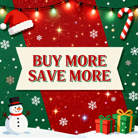 Festive Christmas sale background with "Buy More Save More" text, snowflakes, lights, and gifts. Perfect for holiday promotions, e-commerce banners, and seasonal ads.の素材