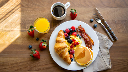 A delicious, healthy breakfast platter with pancakes, bacon, scrambled eggs, a croissant, fresh berries, orange juice, and coffee, perfect for morning menus and food blogs.の素材