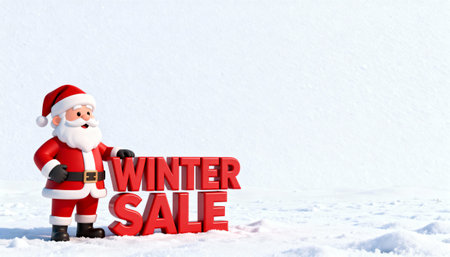 A cheerful cartoon Santa Claus stands in a snowy landscape next to bold red 3D text, perfect for winter holiday sale promotions and marketing campaigns.の素材
