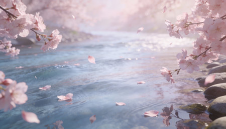 Delicate pink cherry blossoms frame a serene river with petals floating on the water. Perfect for spring themes, wellness concepts, and tranquil backgrounds.の素材
