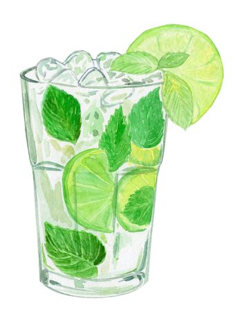 watercolor hand drawn green mojito cocktail glass with mint, lime and ice isolated on white background. Alcohol beverage in bar menuの写真素材