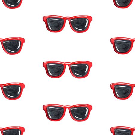 watercolor red sunglasses seamless pattern on white background for fabric, textile, scrapbooking, wrapping paperの写真素材