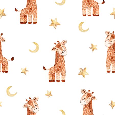 watercolor giraffe and stars seamless pattern on white background for fabric,textile,baby shower, nursery print,scrapbookingの写真素材