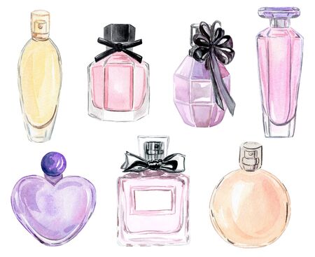 watercolor hand drawn multicolored perfume bottles with caps fashion set isolated on white background for logo design, branding, fashion industry, perfumery clip artの写真素材