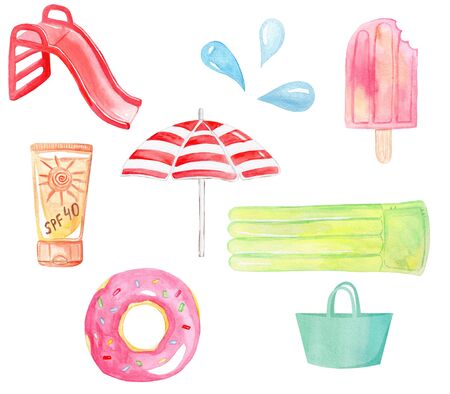 watercolor hand drawn pool supplies and accessories set isolated on white background for summer partyの写真素材