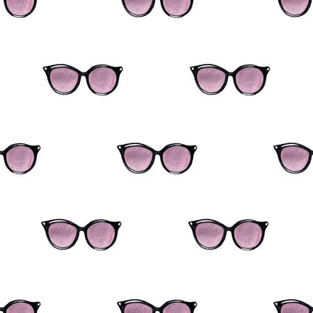 watercolor purple sunglasses fashion  seamless pattern on white background for fabric, textile, scrapbooking, wrapping paper,invitationsの写真素材