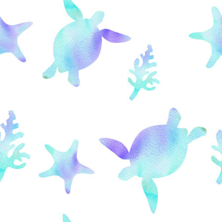 watercolor blue turtle and starfish seamless pattern on white background. underwater fabric, sea...