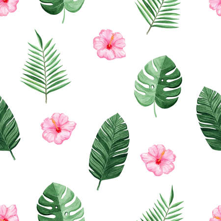 watercolor pink hibiscus flower and green tropical palm leaves seamless pattern on white background for fabric, textile, branding, invitations, scrapbooking, wrappingの写真素材