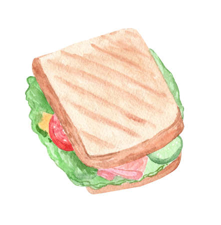 watercolor sandwich with ham and salad isolated on white backgroundの写真素材