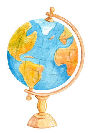 watercolor golden globe isolated on white background. World mapの写真素材
