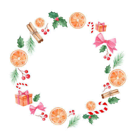 watercolor christmas round wreath on white background made of holiday elementsの写真素材