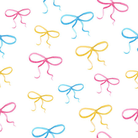watercolor hand drawn pink yellow blue bows seamless pattern on white background for invitation, scrapbooking, fabric, textile, wrapping paperの写真素材