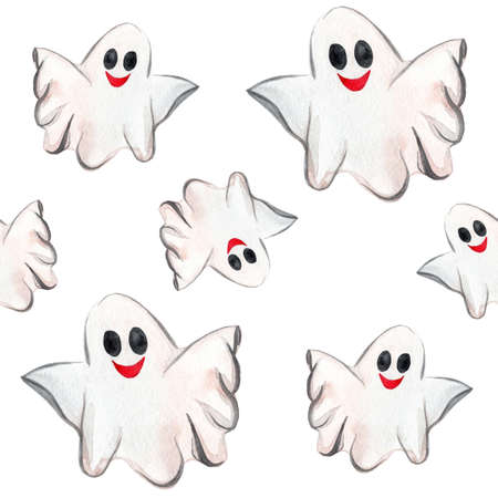 watercolor white happy ghost seamless pattern on white background. Halloween party decoration for...