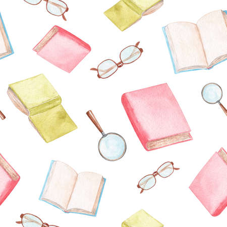 watercolor book and glasses seamless pattern on white background. Back to school. For fabric, textile, wrapping, scrapbook.の写真素材